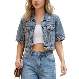 Cropped Short Sleeve Button Up Frayed Washed Jean Jacket Gray Blue